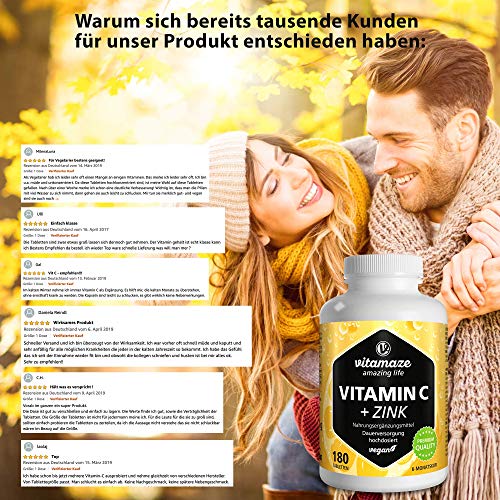 Vitamaze® Vitamina C 1000 mg + Zinc, 180 Comprimidos Vegana para 6 Meses, Reducen Fatiga y Fortalecen el Sistema Inmunológico, Natural Pura Suplemento sin Aditivos Innecesarios, Calidad Alemana