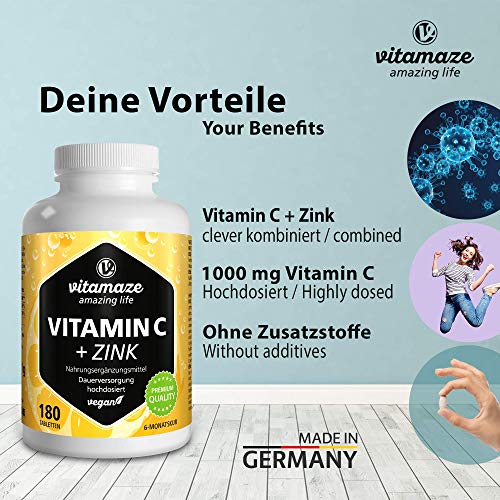 Vitamaze® Vitamina C 1000 mg + Zinc, 180 Comprimidos Vegana para 6 Meses, Reducen Fatiga y Fortalecen el Sistema Inmunológico, Natural Pura Suplemento sin Aditivos Innecesarios, Calidad Alemana