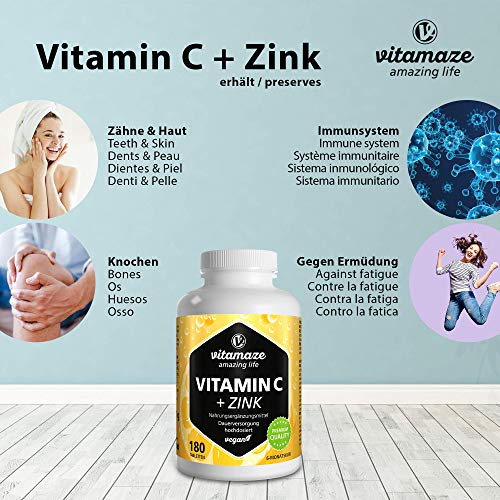 Vitamaze® Vitamina C 1000 mg + Zinc, 180 Comprimidos Vegana para 6 Meses, Reducen Fatiga y Fortalecen el Sistema Inmunológico, Natural Pura Suplemento sin Aditivos Innecesarios, Calidad Alemana