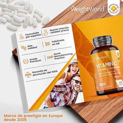 Vitamina C 1000 mg 180 Comprimidos Vegano Con Bioflavonoides y Rosa Mosqueta - 6 Meses de Suministro, Vitamina C Pura Altamente Concentrada De Ácido Ascórbico Reduce Cansancio Y Fatiga
