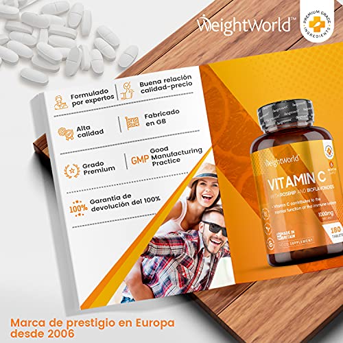 Vitamina C 1000 mg 180 Comprimidos Vegano Con Bioflavonoides y Rosa Mosqueta - 6 Meses de Suministro, Vitamina C Pura Altamente Concentrada De Ácido Ascórbico Reduce Cansancio Y Fatiga