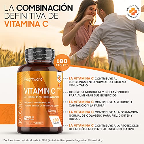 Vitamina C 1000 mg 180 Comprimidos Vegano Con Bioflavonoides y Rosa Mosqueta - 6 Meses de Suministro, Vitamina C Pura Altamente Concentrada De Ácido Ascórbico Reduce Cansancio Y Fatiga