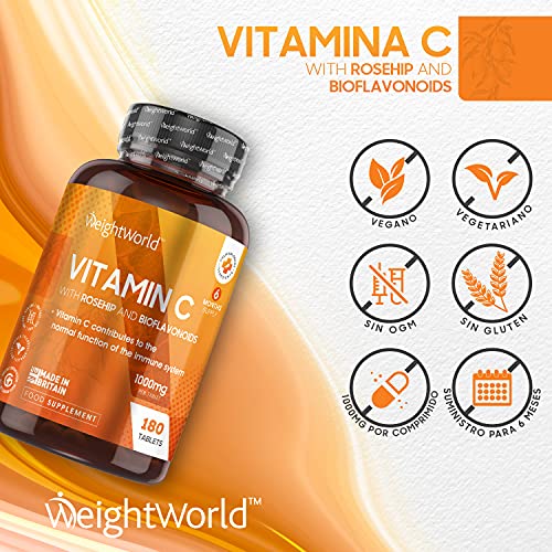 Vitamina C 1000 mg 180 Comprimidos Vegano Con Bioflavonoides y Rosa Mosqueta - 6 Meses de Suministro, Vitamina C Pura Altamente Concentrada De Ácido Ascórbico Reduce Cansancio Y Fatiga