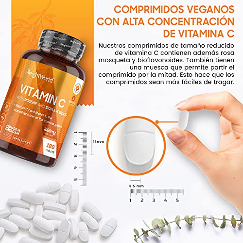 Vitamina C 1000 mg 180 Comprimidos Vegano Con Bioflavonoides y Rosa Mosqueta - 6 Meses de Suministro, Vitamina C Pura Altamente Concentrada De Ácido Ascórbico Reduce Cansancio Y Fatiga