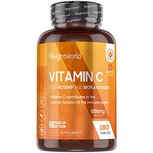 Vitamina C 1000 mg 180 Comprimidos Vegano Con Bioflavonoides y Rosa Mosqueta - 6 Meses de Suministro, Vitamina C Pura Altamente Concentrada De Ácido Ascórbico Reduce Cansancio Y Fatiga