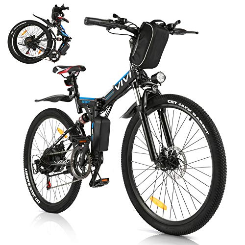 Vivi Bicicleta Eléctrica de Montaña Plegable,26"E-Bike MTB Pedal Assist,250W Bici Electrica Plegable para Adultos,Shimano 21 Velocidades Velocidad Batería Extraíble de 36V (Negro Azul)