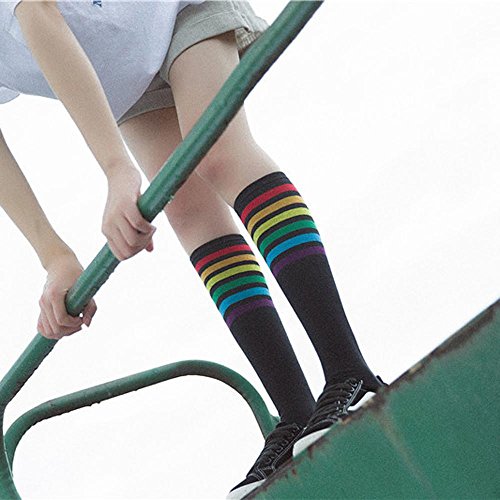 VJGOAL Mujeres de moda casual color sólido Muslo Calcetines altos Sobre la rodilla Rainbow Stripe Girls Fútbol Calcetines deportivos(Un tamaño,Negro)