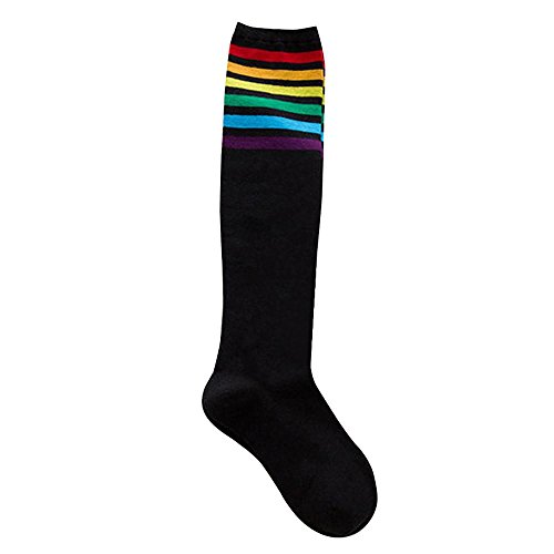 VJGOAL Mujeres de moda casual color sólido Muslo Calcetines altos Sobre la rodilla Rainbow Stripe Girls Fútbol Calcetines deportivos(Un tamaño,Negro)