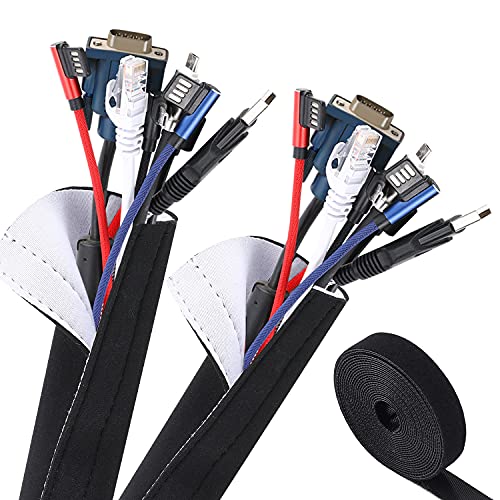 VoJoPi Organizador Cables, 300cm Flexible Funda Cubre Cables de Neopreno +300cm Bridas para Cables,Organizador de Cables de para Recoge TV, PC Cables - Reversible en Blanco y Negro - (∅ 2,5 cm)