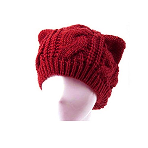 VORCOOL Lindo Otoño Invierno Orejas de Gato en Forma de Mujer Chica Ganchillo Trenzado de Punto Sombrero de Lana Gorro Cálido Gorro (Rojo)