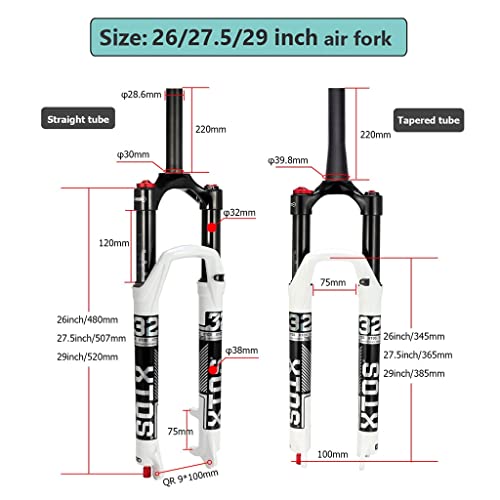 VPPV 26 Pulgadas Horquilla MTB 27,5/29 Pulgadas 120mm de Recorrido, 1-1/8" Recto/Cónico Horquilla Bicicleta de Montaña Ajuste de Rebote Eje de 9 mm × 100 mm Bloqueo Manual Choques de Aire