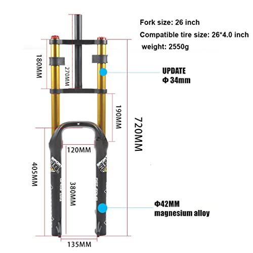 VPPV MTB Suspensión Horquillas Motos Nieve/ATV 26 Pulgadas, para Neumáticos 4.0 Descenso Doble Hombro Bicicleta Montaña Amortiguador Horquilla DH/Am QR 135mm (Size : 26 ER)