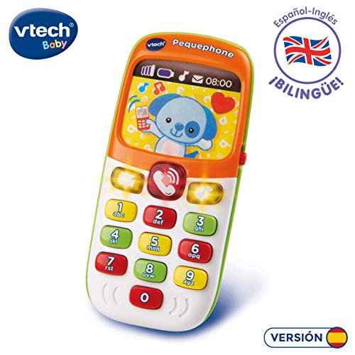 VTech - Pequephone bilingüe, juguete bebé +6 meses, teléfono infantil con luces, sonidos y canciones en inglés y español, enseña números, colores y animales, multicolor (80-138147)