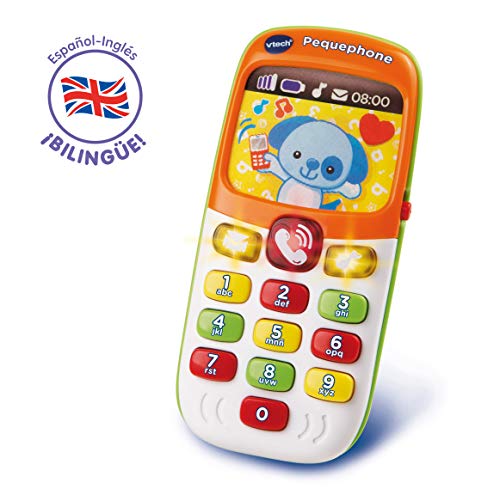 VTech - Pequephone bilingüe, juguete bebé +6 meses, teléfono infantil con luces, sonidos y canciones en inglés y español, enseña números, colores y animales, multicolor (80-138147)