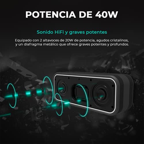 VULKKANO Blast+ Altavoz Bluetooth Potente 40W, Altavoz Portátil Impermeable IP67, Bluetooth 5.0, Sonido estéreo HiFi con Micrófono, Diseño Sólido, TWS, AUX, USB-C, Carga rápida, 18 Horas