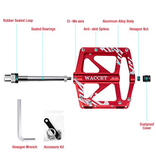 WACCET Pedales de Bicicleta, Antideslizante Pedales MTB Aluminio Pedales Montaña 9/16 Pulgadas Sealed los Cojinetes, Ultraligero Pedales BMX Ciclismo Bicicleta de Carretera (Rojo)