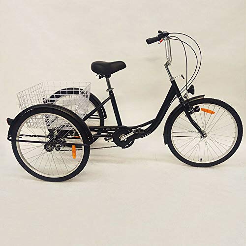 Wangkangyi Jasemy Triciclo de 24 pulgadas, triciclo para adultos, 3 ruedas, 6 velocidades, con cesta de luz y cesta de la compra, altura del vehículo ajustable, color negro