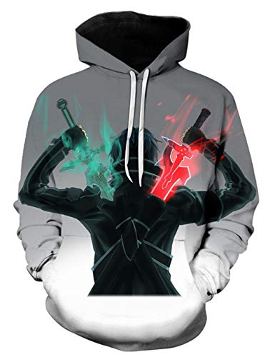 WANHONGYUE Anime Sao Sword Art Online Hoodie Sudadera con Capucha Cosplay Disfraz 3D Impreso Pullover Suéter con Bolsillos Cordón Gris M