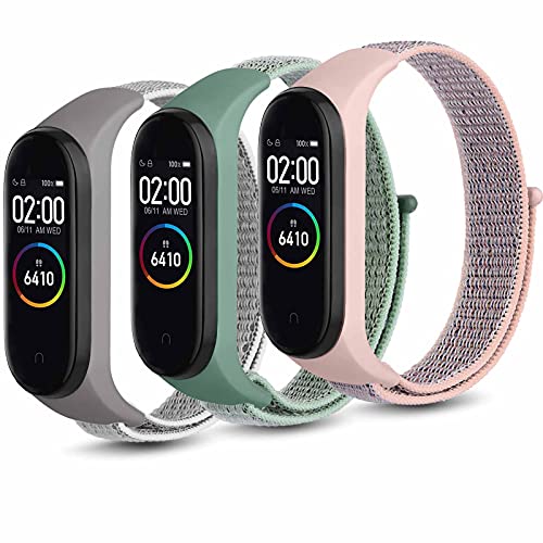 Wanme Correa Compatible para Xiaomi Mi Band 4 & Xiaomi Mi Band 3 Correa, Nylon Loop Pulseras de Repuesto para Xiaomi Mi Smart Band 4 & Xiaomi Mi Smart Band 3 (Rosa Sand+Verde océano+Gris)