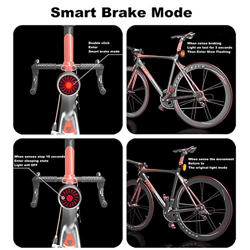 WASAGA Luz Trasera de la Bicicleta, Smart Brake Luz Trasera de la Bicicleta Recargable por USB, 5 Modos de luz Mochila Impermeable Mochila Lámpara LED Advertencia de Seguridad Luz estroboscópica