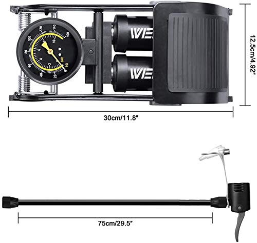 WEIDMAX Bomba de pie de Doble Barril, Bomba de Bicicleta de Doble Cilindro, Bomba de Piso de Bicicleta, Bomba de neumático de Bicicleta portátil con manómetro y Cabezal de válvula Inteligente