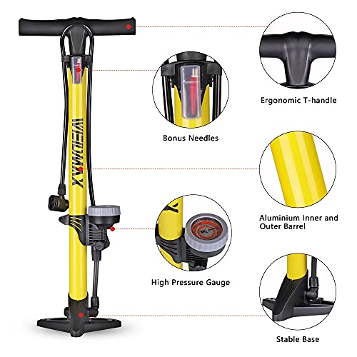 WEIDMAX Bomba para Bicicleta, Bomba ergonómica para Piso de Bicicleta Bomba de inflado de neumáticos para Bicicleta Bomba infladora portátil con manómetro y Cabezal de válvula Inteligente