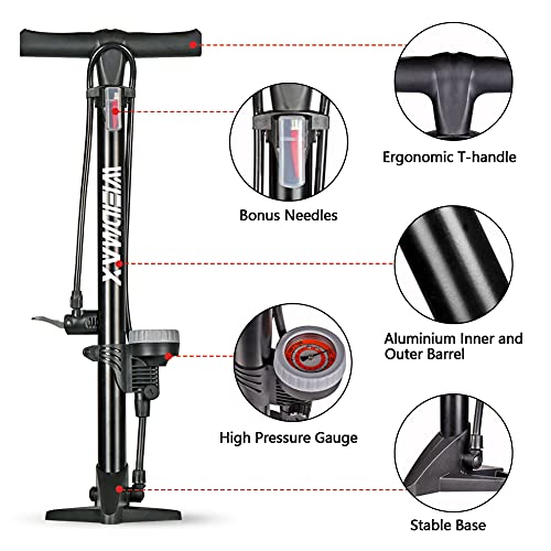 WEIDMAX Bomba para Bicicleta, Bomba ergonómica para Piso de Bicicleta Bomba de inflado de neumáticos para Bicicleta Bomba infladora portátil con manómetro y Cabezal de válvula Inteligente