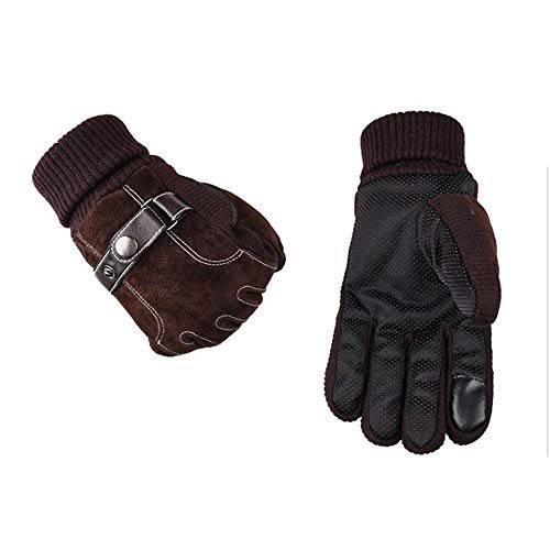 WERTY Guantes de Cuero Hombres Guantes de Piel de Cerdo genuinos Hombre de Invierno con Hebilla Forrada Patchwork Touch Pantalla táctil Tarifa Morto Marrón (Color : Brown, Size : One Size)