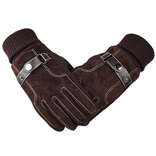 WERTY Guantes de Cuero Hombres Guantes de Piel de Cerdo genuinos Hombre de Invierno con Hebilla Forrada Patchwork Touch Pantalla táctil Tarifa Morto Marrón (Color : Brown, Size : One Size)