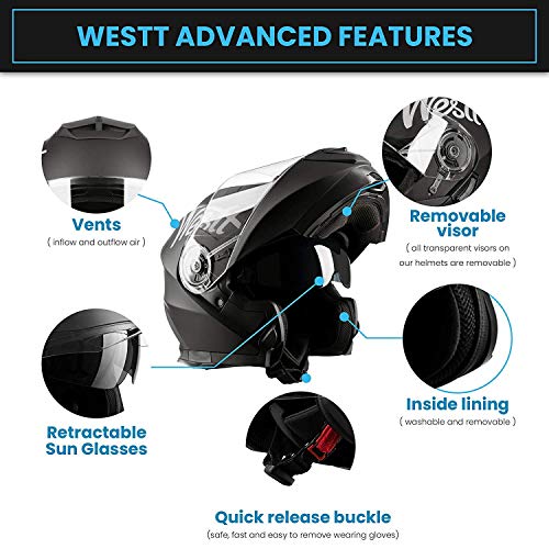 Westt - Casco Moto Modular Integral con Doble Visera Torque X, para Motocicleta Scooter, Certificado ECE, Color Negro, Talla S (55-56cm)