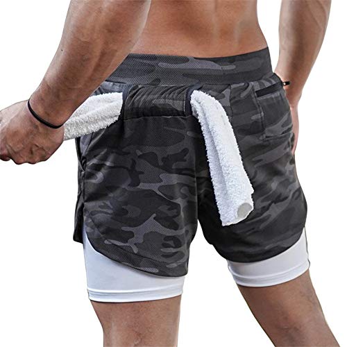 Whitzard Pantalones cortos de deporte para hombre, pantalones cortos de entrenamiento, con funda para teléfono móvil, 2 en 1, de secado rápido, para fitness, correr, etc., camuflaje negro., XL