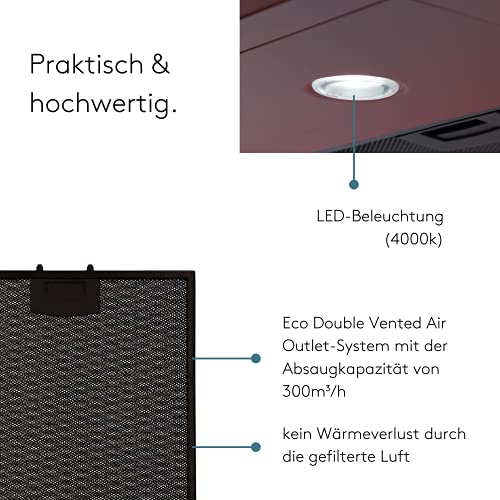 Wiggo Campana extractora de 60 cm, campana de pared para salida o recirculación, 300 m³/h, con iluminación LED y 3 niveles de potencia, de pared con filtro de grasa y 2 filtros de carbón, roja