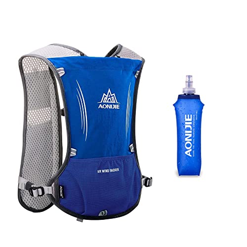 Win.Deeper Profesional Hombre Mujer 5L Chaleco de Hidratación Ligero Superior Mochila para Trail Running Ciclismo (Azul con 500ML Botellas de Agua Blandas)