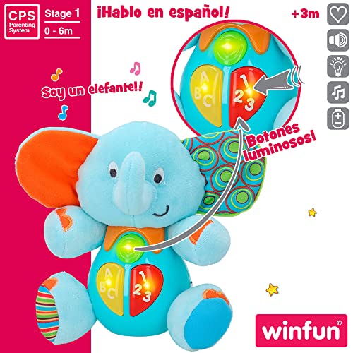 winfun - Peluche luces y sonidos, Peluche musical, Primera infancia, Juguetes interactivos musicales, Peluche interactivo Elefante Juguetes bebé 6 meses, Peluche bebé, Elefante peluche (85178)