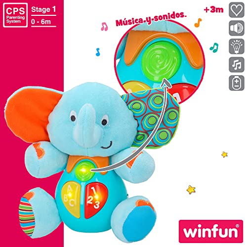 winfun - Peluche luces y sonidos, Peluche musical, Primera infancia, Juguetes interactivos musicales, Peluche interactivo Elefante Juguetes bebé 6 meses, Peluche bebé, Elefante peluche (85178)