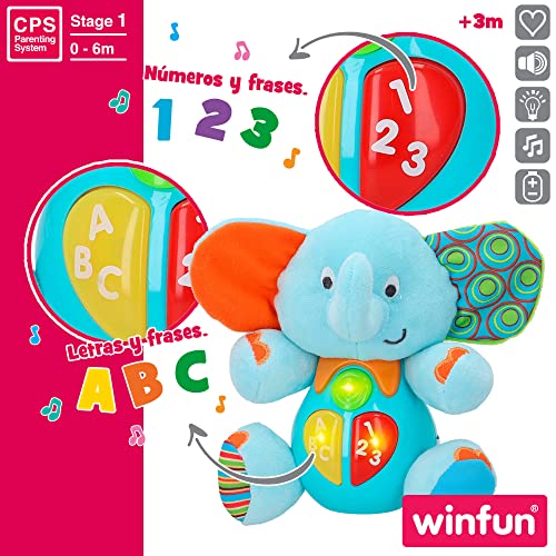 winfun - Peluche luces y sonidos, Peluche musical, Primera infancia, Juguetes interactivos musicales, Peluche interactivo Elefante Juguetes bebé 6 meses, Peluche bebé, Elefante peluche (85178)