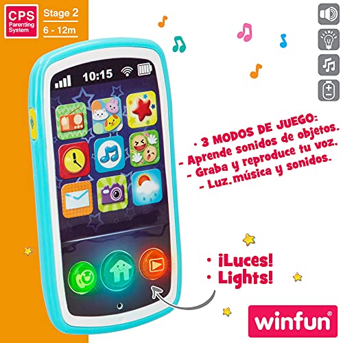 winfun - Teléfono móvil bebés, Juguete teléfono, móvil con sonidos, melodías y luces, + 6 meses, juguetes primera infancia, juguetes bebés, móvil bebés (44523)