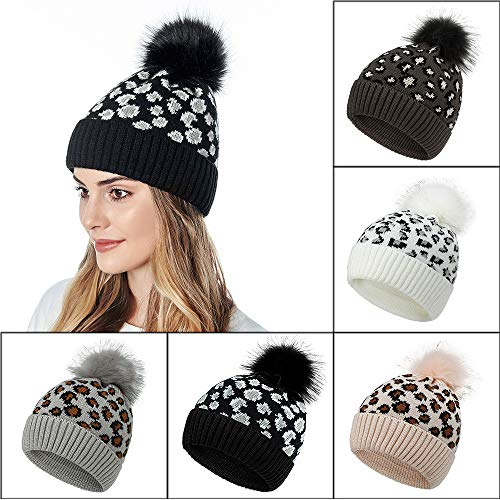 Winmany Sombrero de Mujer Gorro de Invierno para Mujer con Gorro de Leopardo de Ganchillo con pompón (Negro)