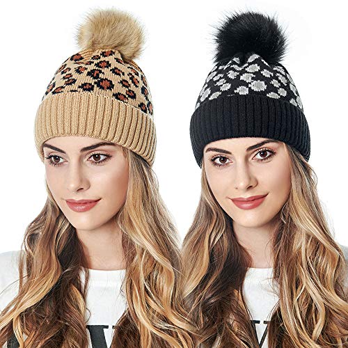 Winmany Sombrero de Mujer Gorro de Invierno para Mujer con Gorro de Leopardo de Ganchillo con pompón (Negro)