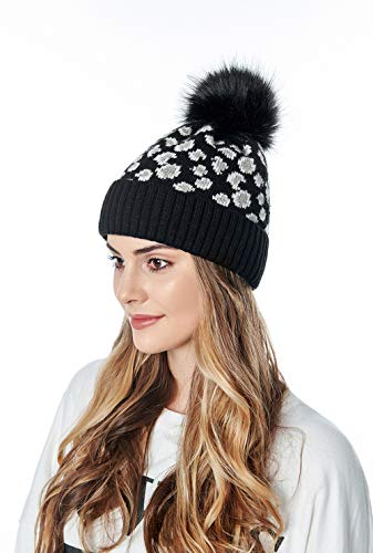 Winmany Sombrero de Mujer Gorro de Invierno para Mujer con Gorro de Leopardo de Ganchillo con pompón (Negro)