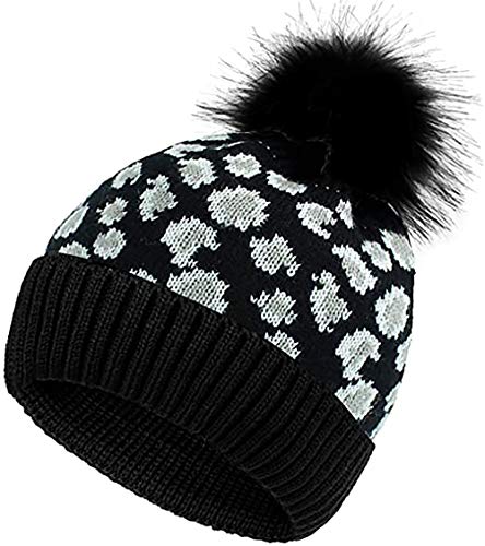 Winmany Sombrero de Mujer Gorro de Invierno para Mujer con Gorro de Leopardo de Ganchillo con pompón (Negro)