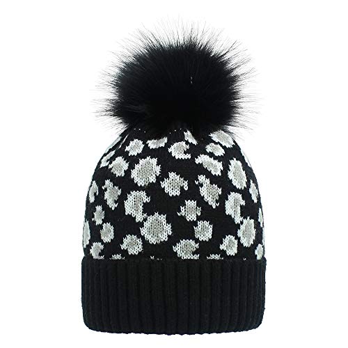 Winmany Sombrero de Mujer Gorro de Invierno para Mujer con Gorro de Leopardo de Ganchillo con pompón (Negro)