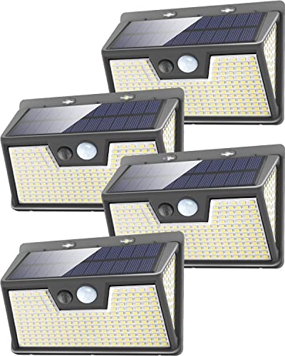 Woolmug Luz Solar Exterior 320 LED, [4 Pack / 3 Modos] Focos LED Exterior Solares con Sensor de Movimiento, IP65 Impermeable Foco Solar Exterior 280º Lampara Solar para Jardín, Garaje, Calle, Patio