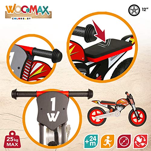 WOOMAX - Bicicleta sin pedales de madera, 90x37x50 cm, moto madera, bicicleta iniciación, niños 2 años, bici niños, máx 25 Kg, rojo y negro, de 2 a 5 años (85368)
