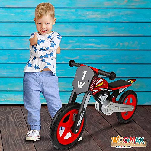 WOOMAX - Bicicleta sin pedales de madera, 90x37x50 cm, moto madera, bicicleta iniciación, niños 2 años, bici niños, máx 25 Kg, rojo y negro, de 2 a 5 años (85368)