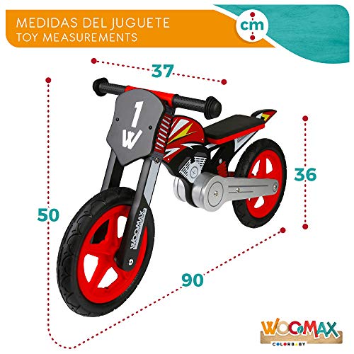 WOOMAX - Bicicleta sin pedales de madera, 90x37x50 cm, moto madera, bicicleta iniciación, niños 2 años, bici niños, máx 25 Kg, rojo y negro, de 2 a 5 años (85368)