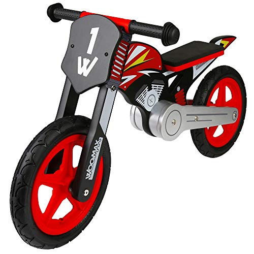 WOOMAX - Bicicleta sin pedales de madera, 90x37x50 cm, moto madera, bicicleta iniciación, niños 2 años, bici niños, máx 25 Kg, rojo y negro, de 2 a 5 años (85368)