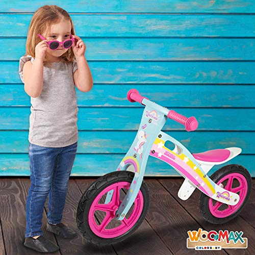 WOOMAX - Bicicleta sin pedales madera, bici sin pedales niña, de unicornio, niñas 2 años, bici madera, juguetes unicornio, bici niños 2 a 5 años, 25 kg (85373)