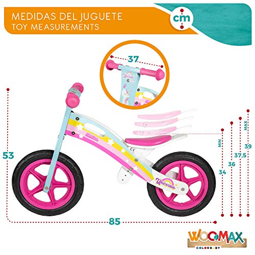 WOOMAX - Bicicleta sin pedales madera, bici sin pedales niña, de unicornio, niñas 2 años, bici madera, juguetes unicornio, bici niños 2 a 5 años, 25 kg (85373)