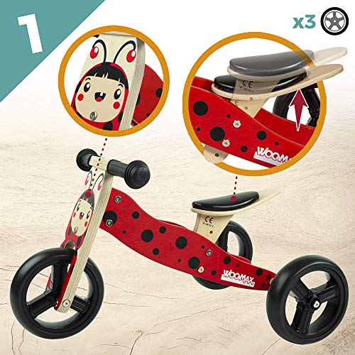 WOOMAX - Triciclo 2 en 1 sin pedales bebé 1 año, madera, 59 x 34 x 38 cm